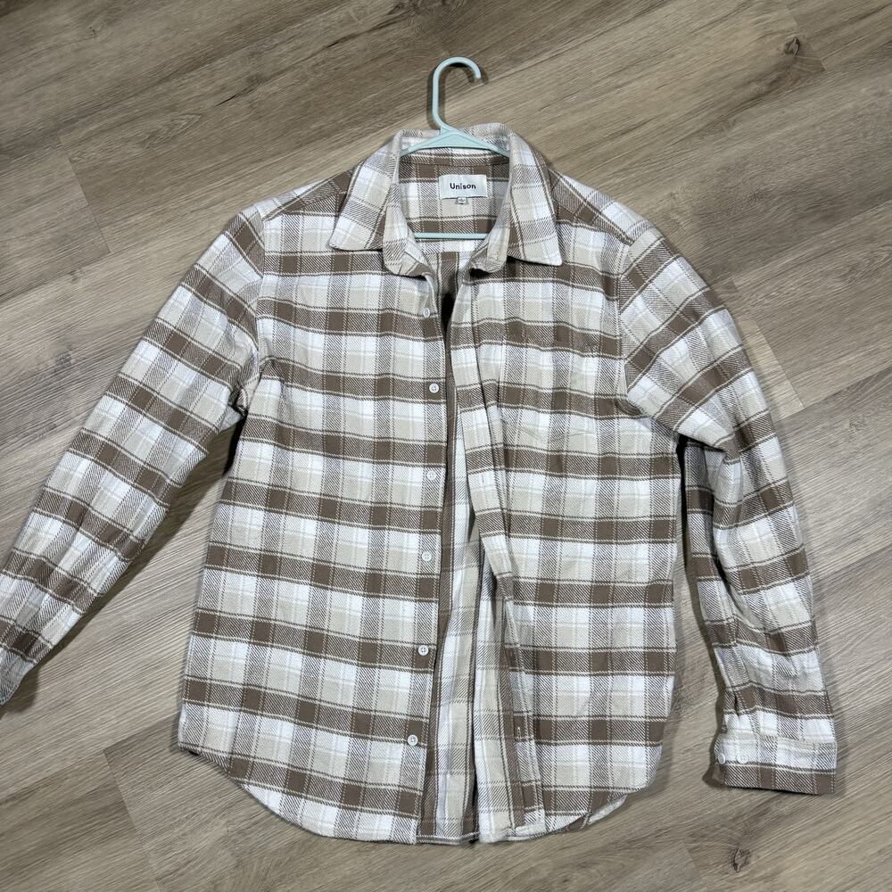 Create Unison Plaid Flannel Shirt Jacket Mens L Brown Cream Button Up CU-LS02
